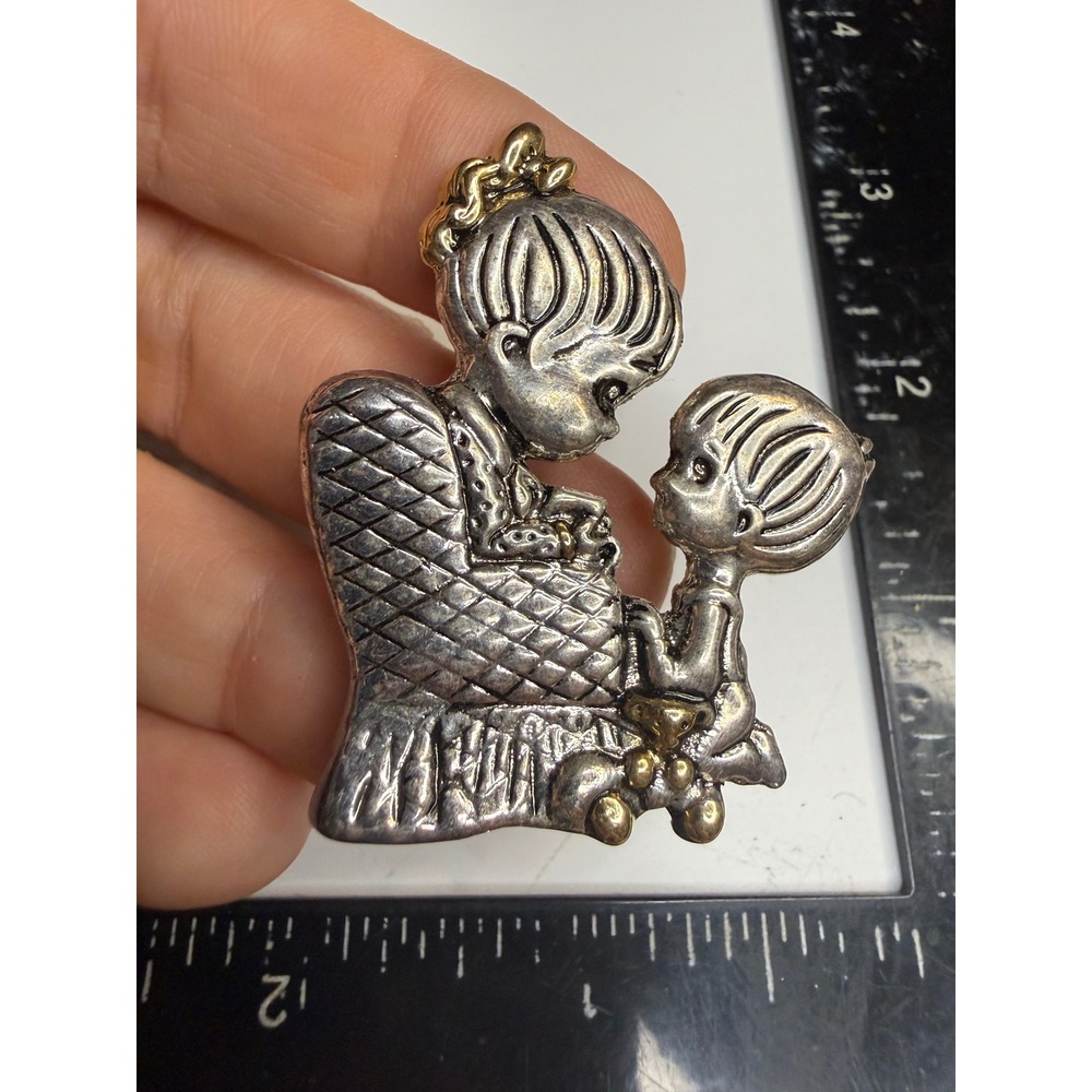 Vintage Mother and Child Brooch Pendant Silver Gold Tone Two Tone Figural Pin